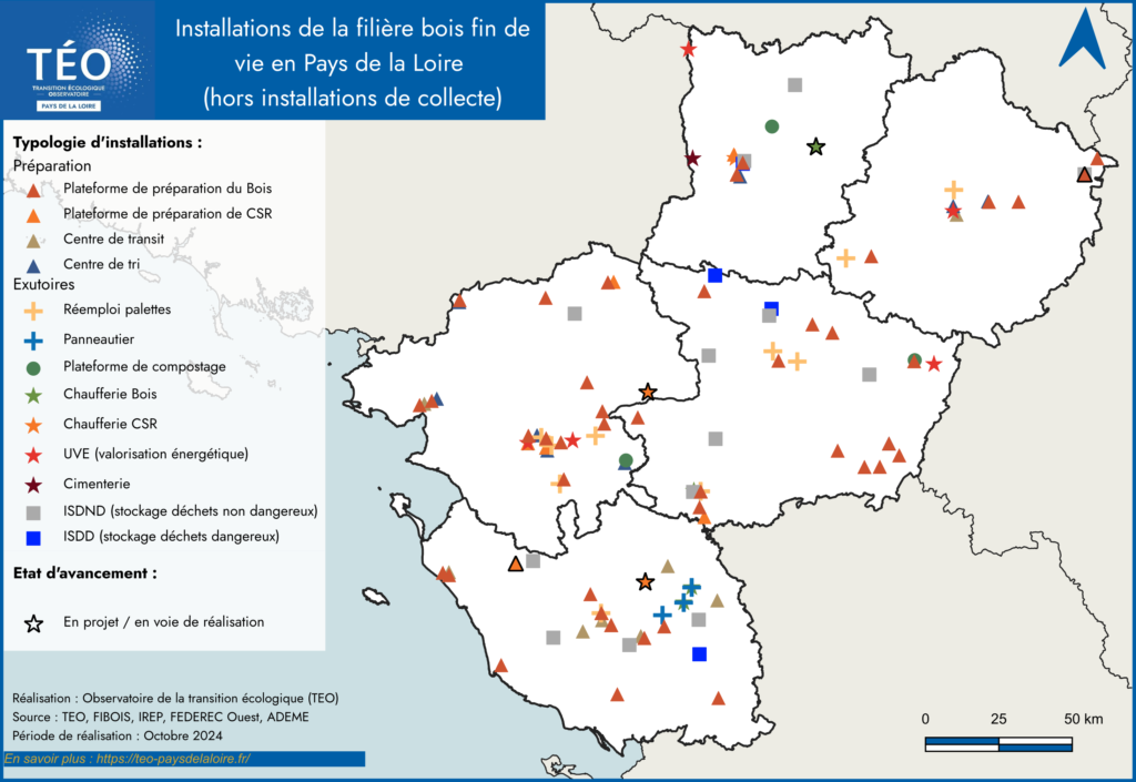 Installations de la filière bois fin de vie / déchets de bois en Pays de la Loire en 2024 (hors installations de collecte) - TEO Pays de la Loire