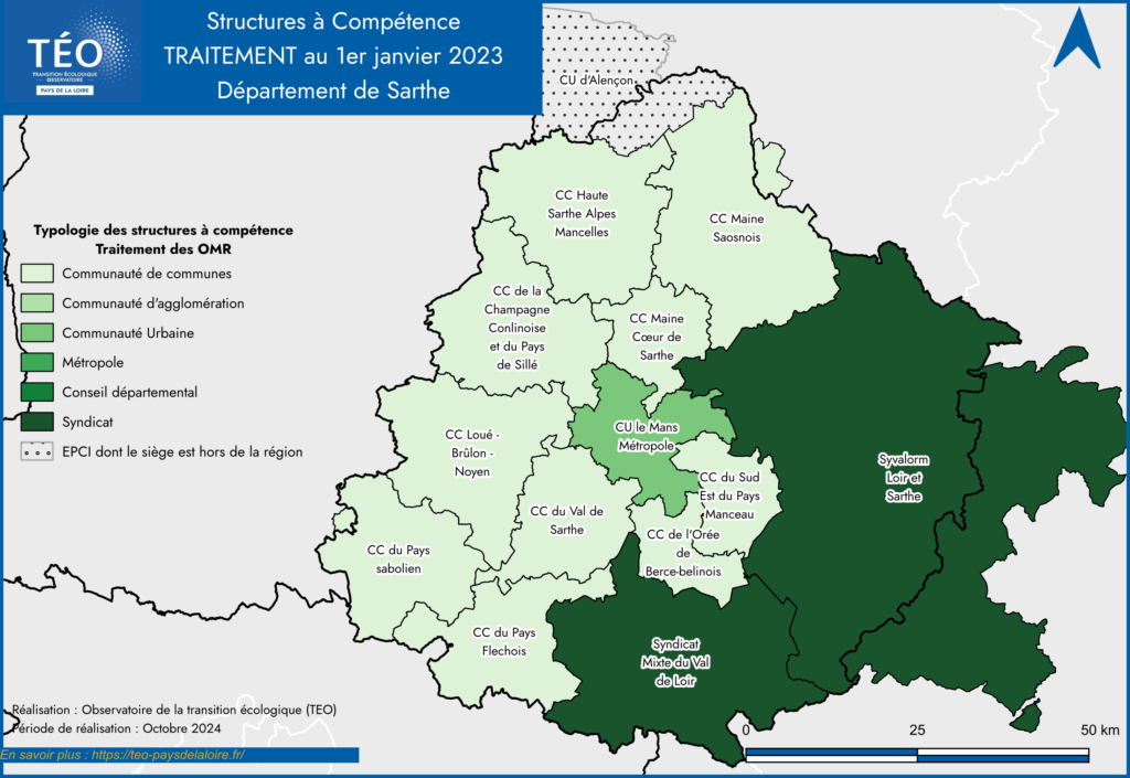 Carte des structures a compétence traitement en Sarthe - TEO 2023