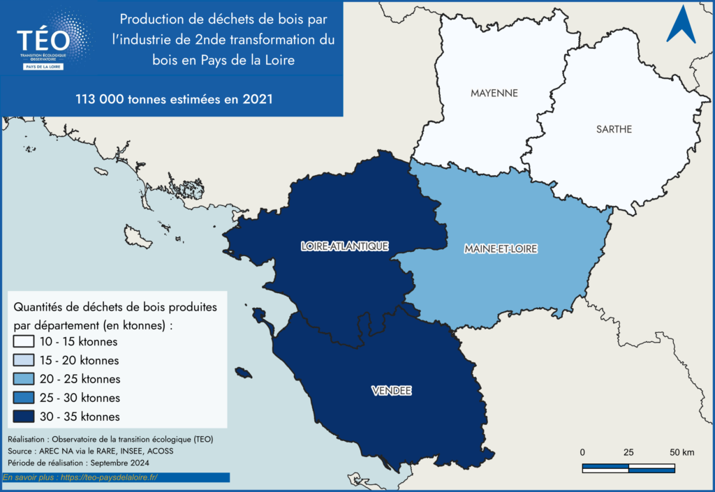 Production déchets de bois industrie de seconde transformation du bois en Pays de la Loire en 2021 - TEO Pays de la Loire