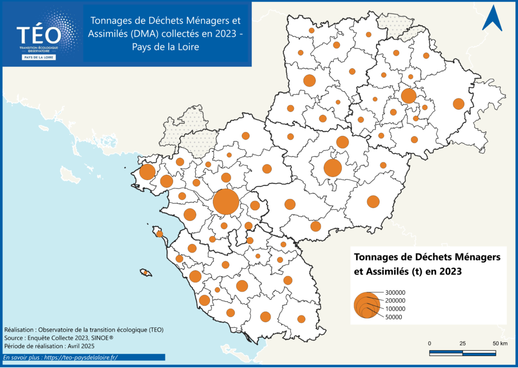 Tonnage de Déchets ménagers et assimilés collectés en 2023 en Pays de la Loire
